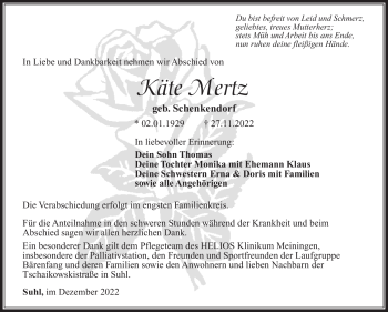 Traueranzeige von Käte Mertz von Südthüringer Presse