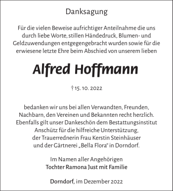 Traueranzeige von Alfred Hoffmann von Südthüringer Presse