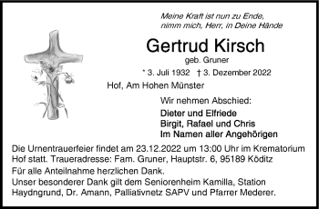 Traueranzeige von Gertrud Kirsch von Frankenpost