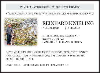 Traueranzeige von Reinhard Knieling von Südthüringer Presse