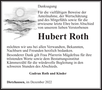 Traueranzeige von Hubert Roth von Südthüringer Presse