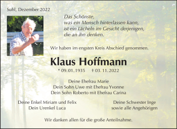 Traueranzeige von Klaus Hoffmann von Südthüringer Presse