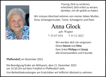 Traueranzeige von Anna Glock von Neue Presse Coburg