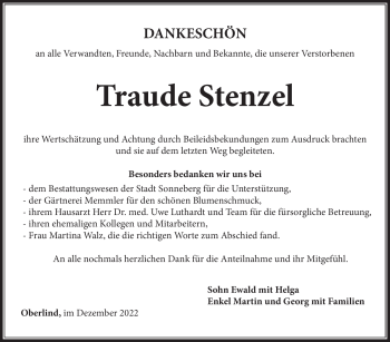 Traueranzeige von Traude Stenzel von Südthüringer Presse