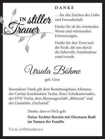 Traueranzeige von Ursula Böhme von Südthüringer Presse