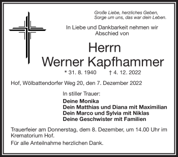 Traueranzeige von Werner Kapfhammer von Frankenpost