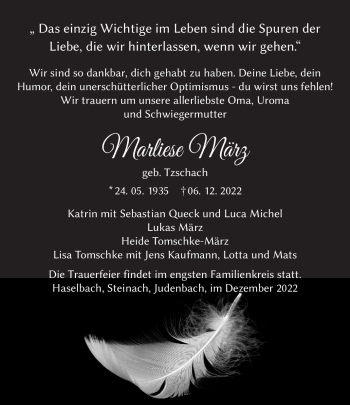 Traueranzeige von Marliese März von Südthüringer Presse