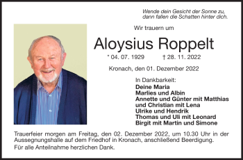 Traueranzeige von Aloysius Roppelt von Neue Presse Coburg