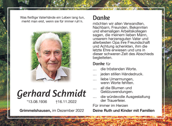 Traueranzeige von Gerhard Schmidt von Südthüringer Presse