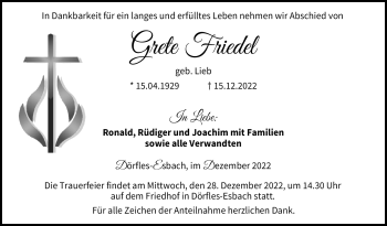 Traueranzeige von Grete Friedel von Neue Presse Coburg