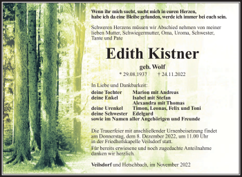 Traueranzeige von Edith Kistner von Südthüringer Presse