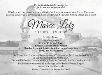Traueranzeige von Marco Lotz von Südthüringer Presse