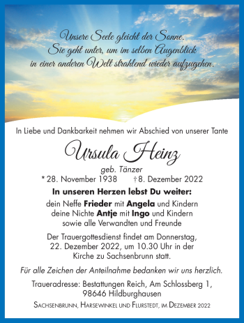 Traueranzeige von Ursula Heinz von Südthüringer Presse