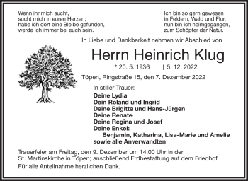 Traueranzeige von Heinrich Klug von Frankenpost