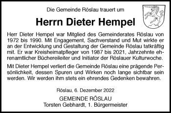 Traueranzeige von Dieter Hempel von Frankenpost