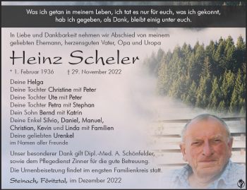 Traueranzeige von Heinz Scheler von Südthüringer Presse
