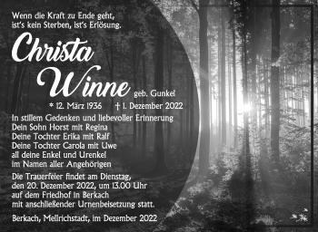 Traueranzeige von Christa Winne von Südthüringer Presse
