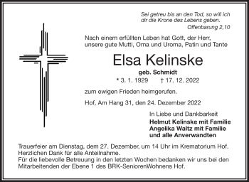 Traueranzeige von Elsa Kelinske von Frankenpost