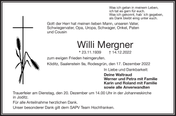 Traueranzeige von Willi Mergner von Frankenpost
