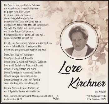 Traueranzeige von LoreLore KirchnerKirchner von Südthüringer Presse