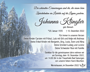 Traueranzeige von Johann Klingler von Südthüringer Presse