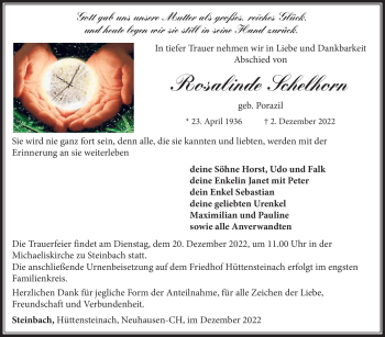 Traueranzeige von Rosalinde Schelhorn von Südthüringer Presse
