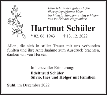 Traueranzeige von Hartmut Schüler von Südthüringer Presse