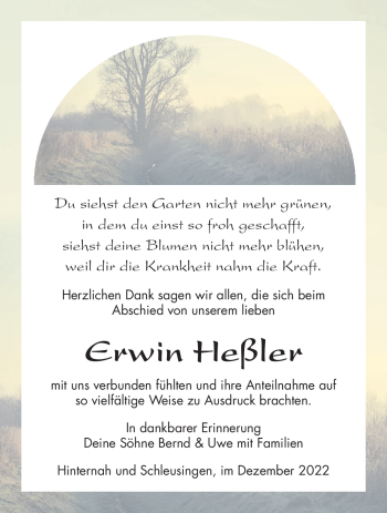 Traueranzeige von Erwin Heßler von Südthüringer Presse