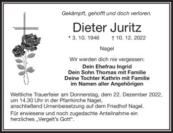 Traueranzeige von Dieter Juritz von Frankenpost