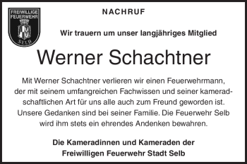 Traueranzeige von Werner schachtner von Frankenpost