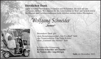 Traueranzeige von Wolfgang Schneider von Südthüringer Presse