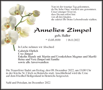Traueranzeige von Annelies Zimpel von Südthüringer Presse