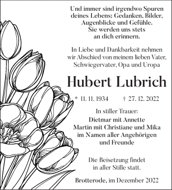 Traueranzeige von Hubert Lubrich von Südthüringer Presse