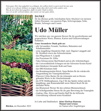 Traueranzeige von Udo Müller von Südthüringer Presse
