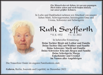 Traueranzeige von Ruth Seyfferth von Südthüringer Presse