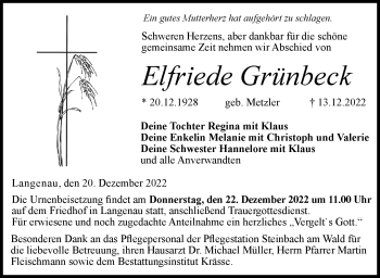 Traueranzeige von Elfriede Grünbeck von Neue Presse Coburg