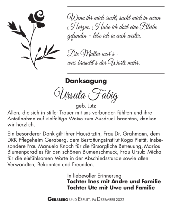 Traueranzeige von Ursula Fabig von Südthüringer Presse