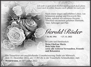 Traueranzeige von Gerold Röder von Südthüringer Presse