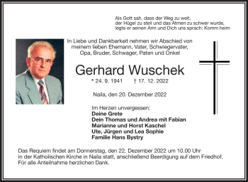 Traueranzeige von Gerhard Wuschek von Frankenpost