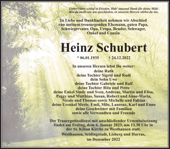 Traueranzeige von Heinz Schubert von Südthüringer Presse