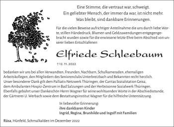 Traueranzeige von Elfriede Schleebaum von Südthüringer Presse