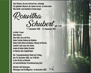 Traueranzeige von Roswitha Schubert von Südthüringer Presse