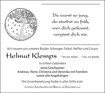 Traueranzeige von Helmut Klemps von Südthüringer Presse