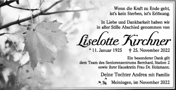 Traueranzeige von Liselotte Kirchner von Südthüringer Presse