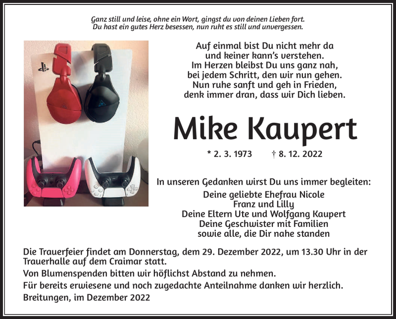  Traueranzeige für Mike Kaupert vom 17.12.2022 aus Südthüringer Presse