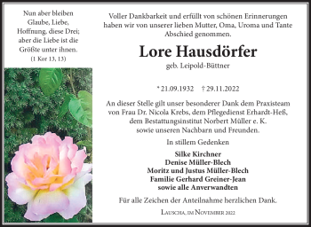Traueranzeige von Lore Hausdörfer von Südthüringer Presse