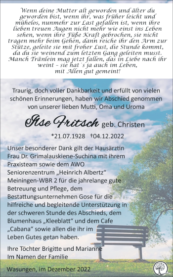 Traueranzeige von Ilse Fritsch von Südthüringer Presse