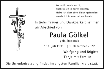Traueranzeige von Paula Gölkel von Frankenpost