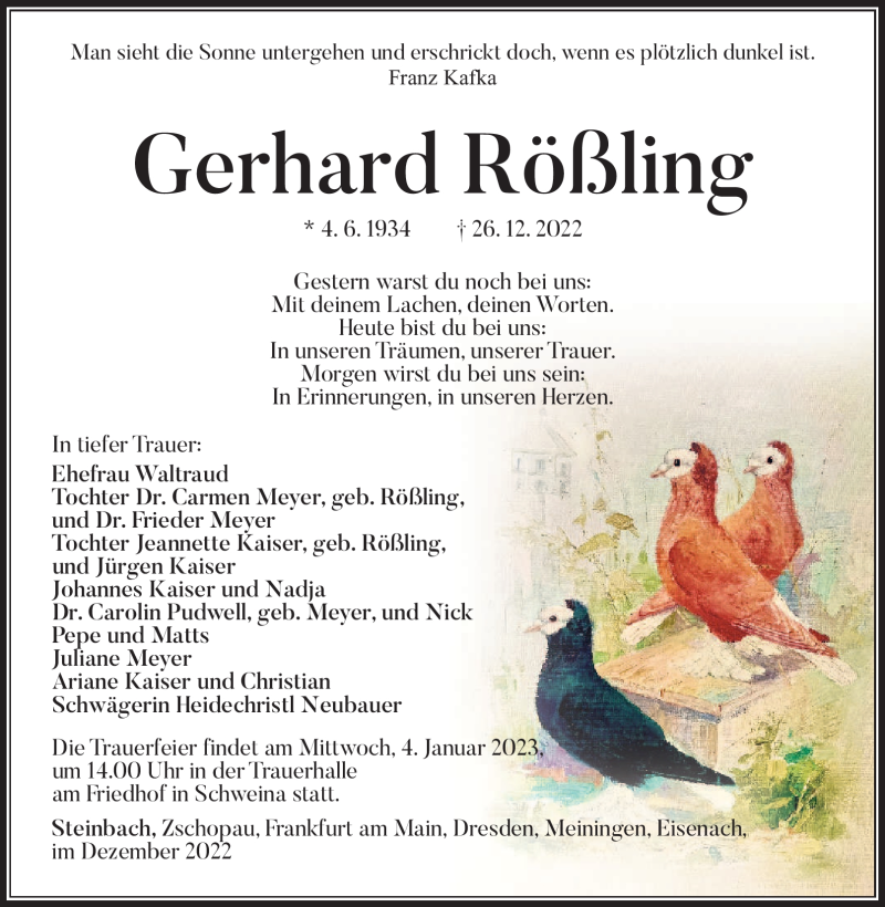  Traueranzeige für Gerhard Rößling vom 31.12.2022 aus Südthüringer Presse