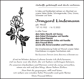 Traueranzeige von Irmgard Lindemann von Südthüringer Presse